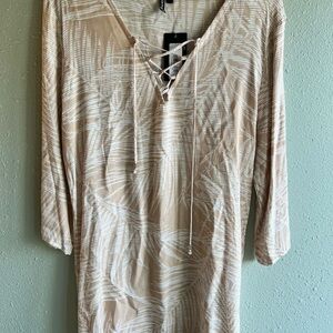 Beige and White Lace-Up Tunic Top